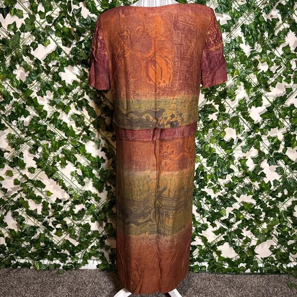 Unique vintage Karin Steven’s abstract orange green red midi dress - Picture 3 of 4